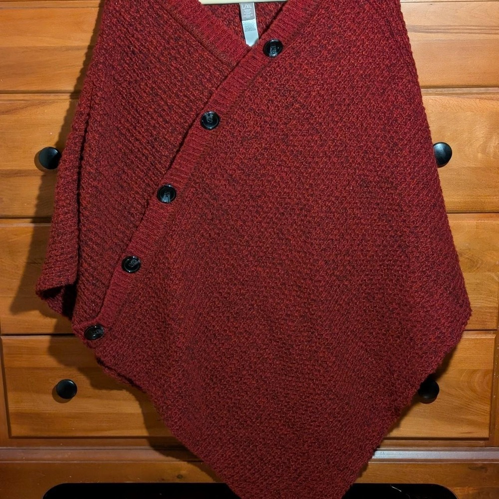 Chico's Red Knit Sweater Poncho L XL Asymmetrical Button Wrap